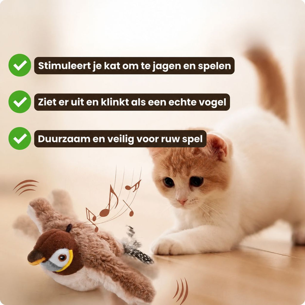 Veluropet Realistische Simulatie Vogel voor Katten - Grote Mus (Flappert + Tjilpt)